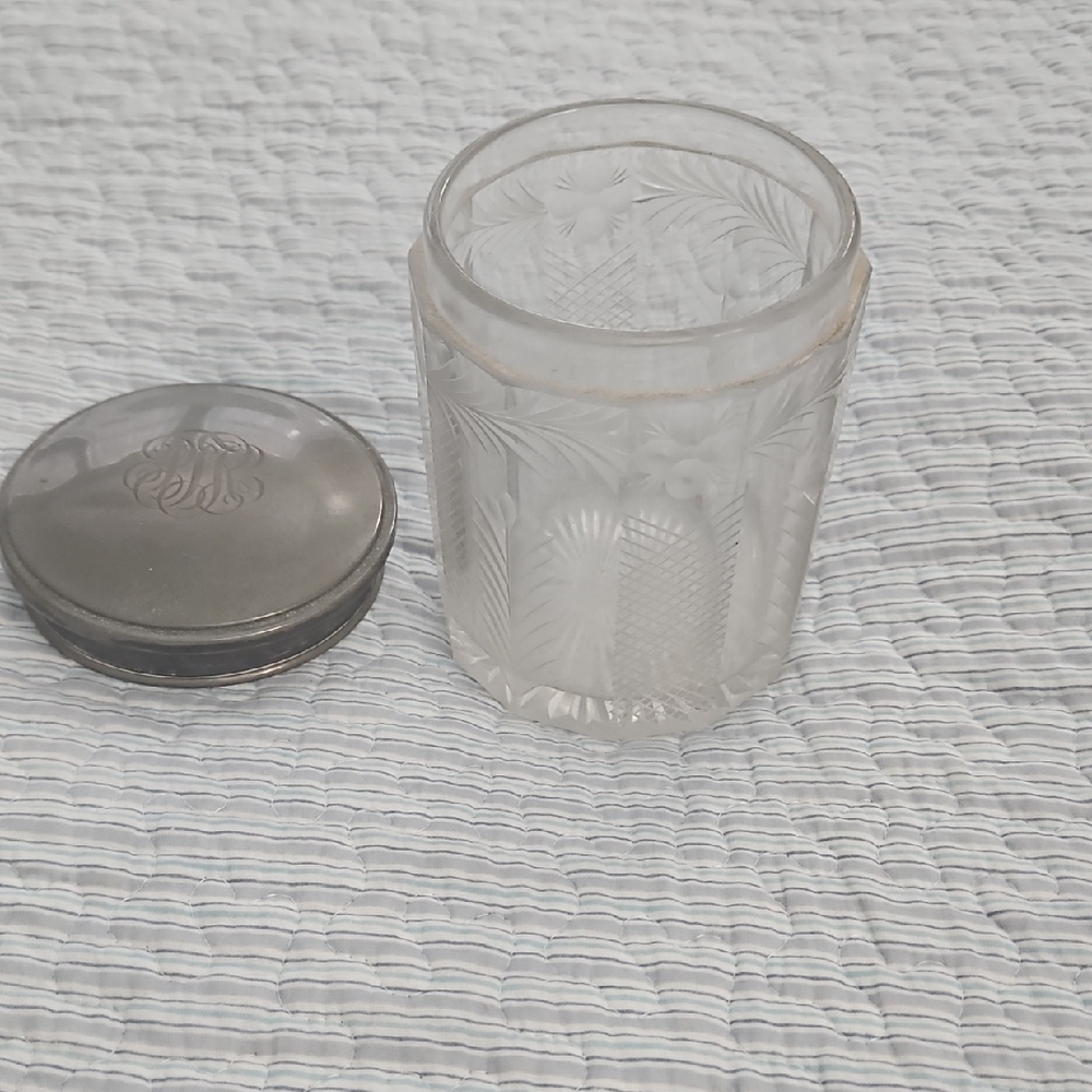 Vintage Glass Jar with Silver Lid.beautiful Jar With Initials.sterling Silverlid